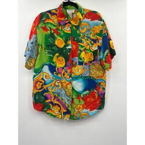 Tess 100% Silk Button Up Large Colorful Floral Baroque Tropical Statement Top